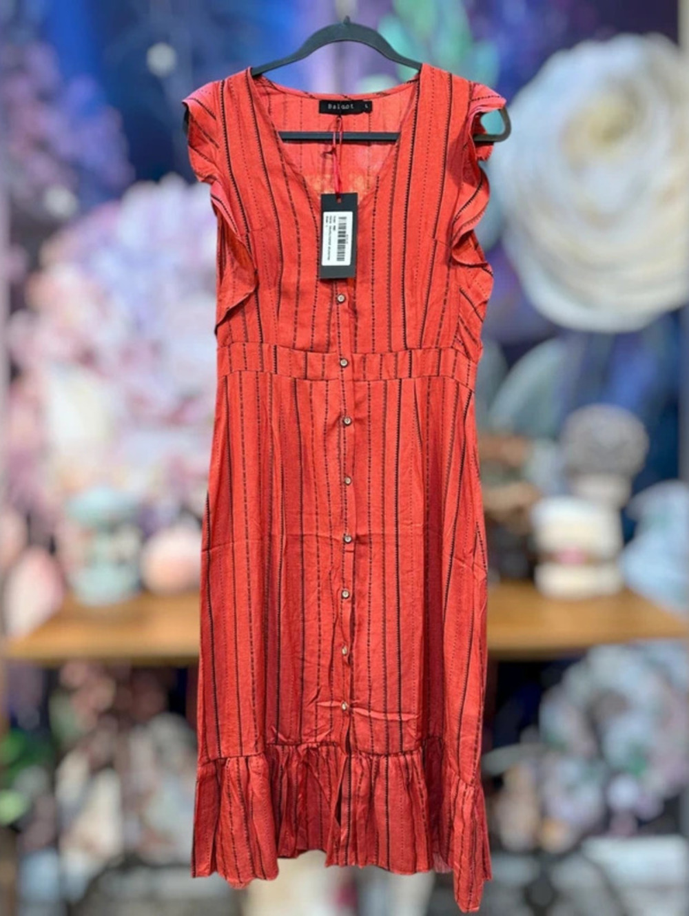Maxi Dress Size L Button Front Flutter Sleeve Ruffle Hem Striped Boho Brick Red
